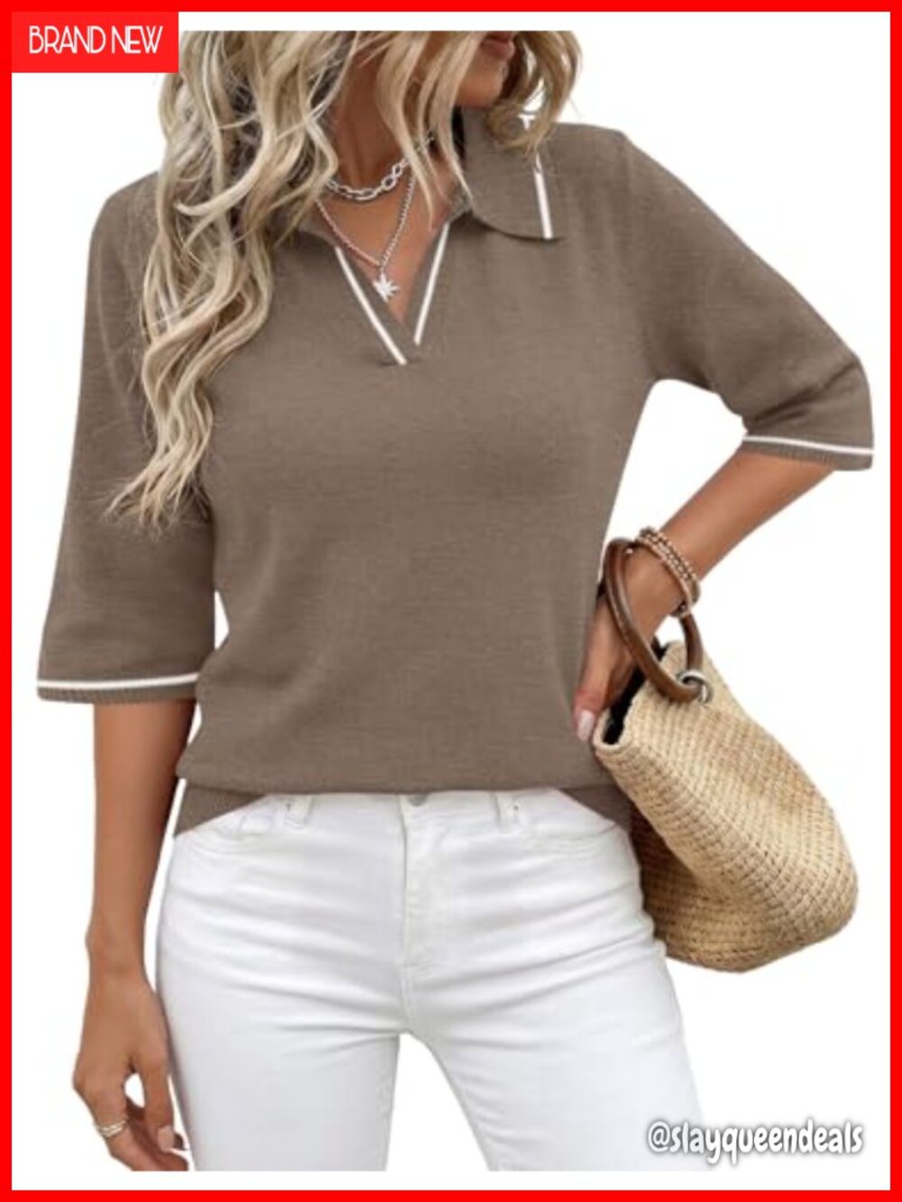 Rapbin Women's 3/4 Sleeve Polo Sweater Ribbed Knit Business Casual Top